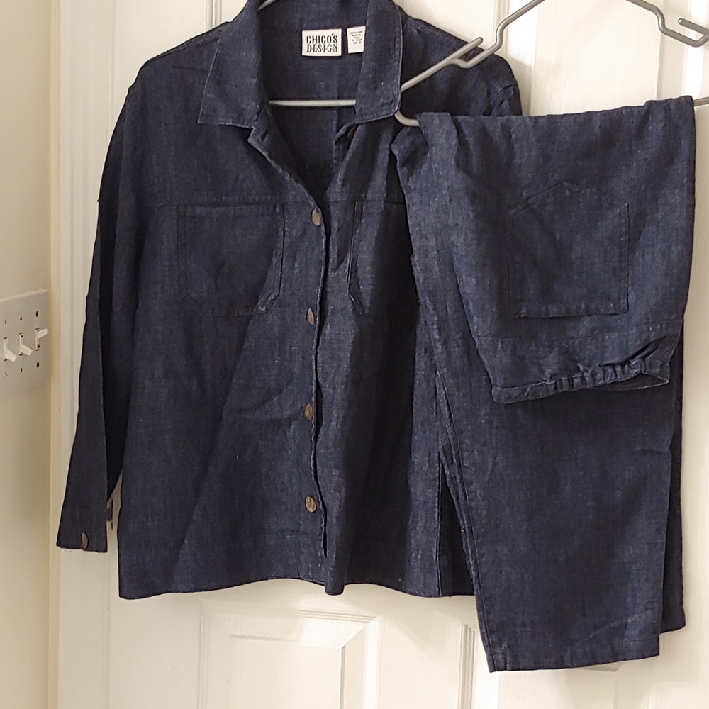 Chico's 2pc pants set navy linen traveler sz 2